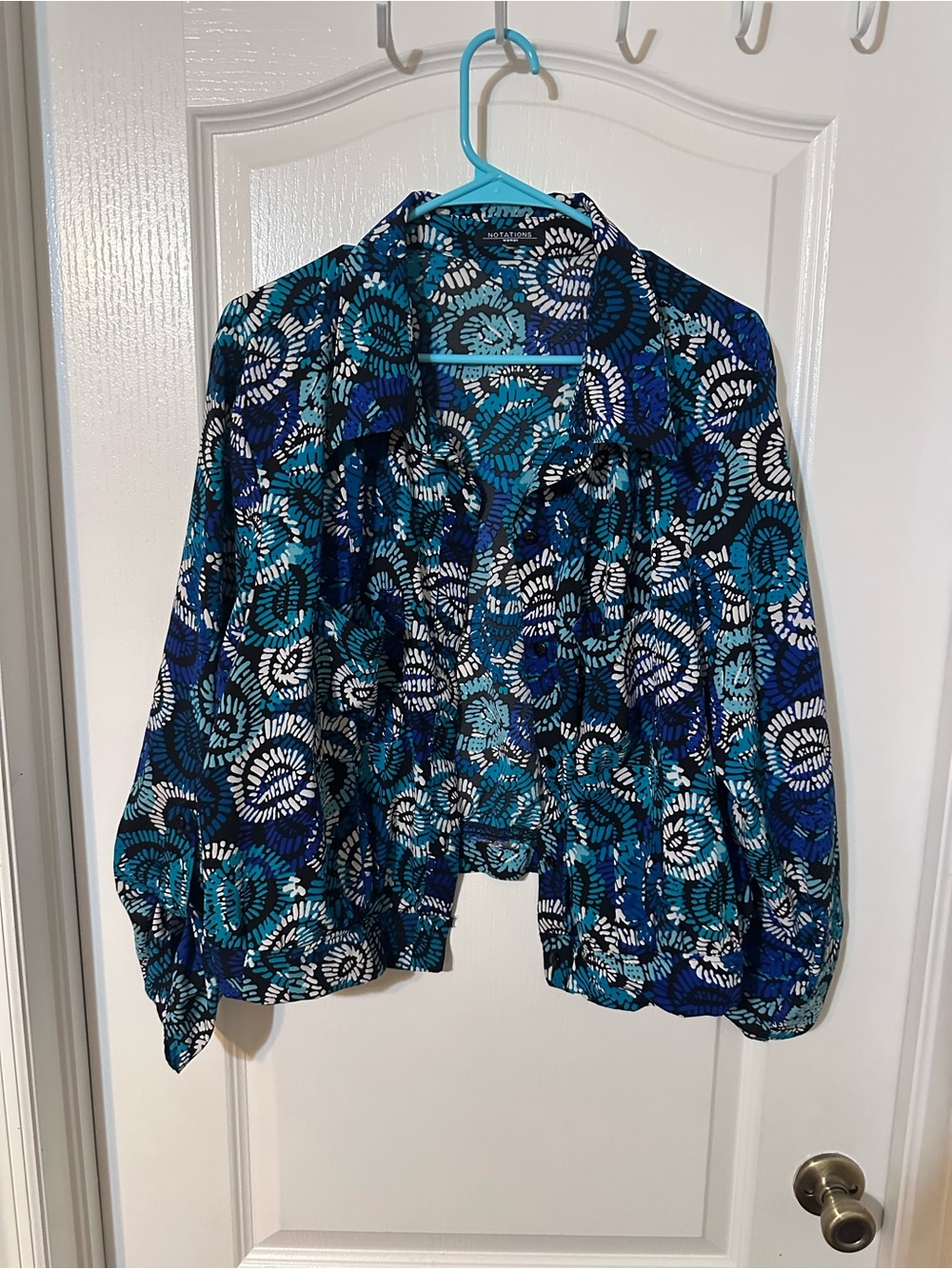 Notations Woman Blue Abstract Button Up Blouse Top Roll Tab Sleeve